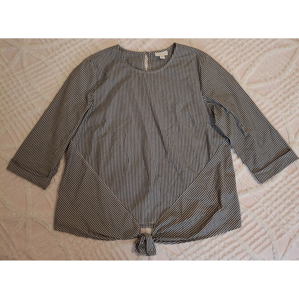 J. Jill Womens Medium Top Gray White Striped Tie Front 3/4 Sleeve Blouse